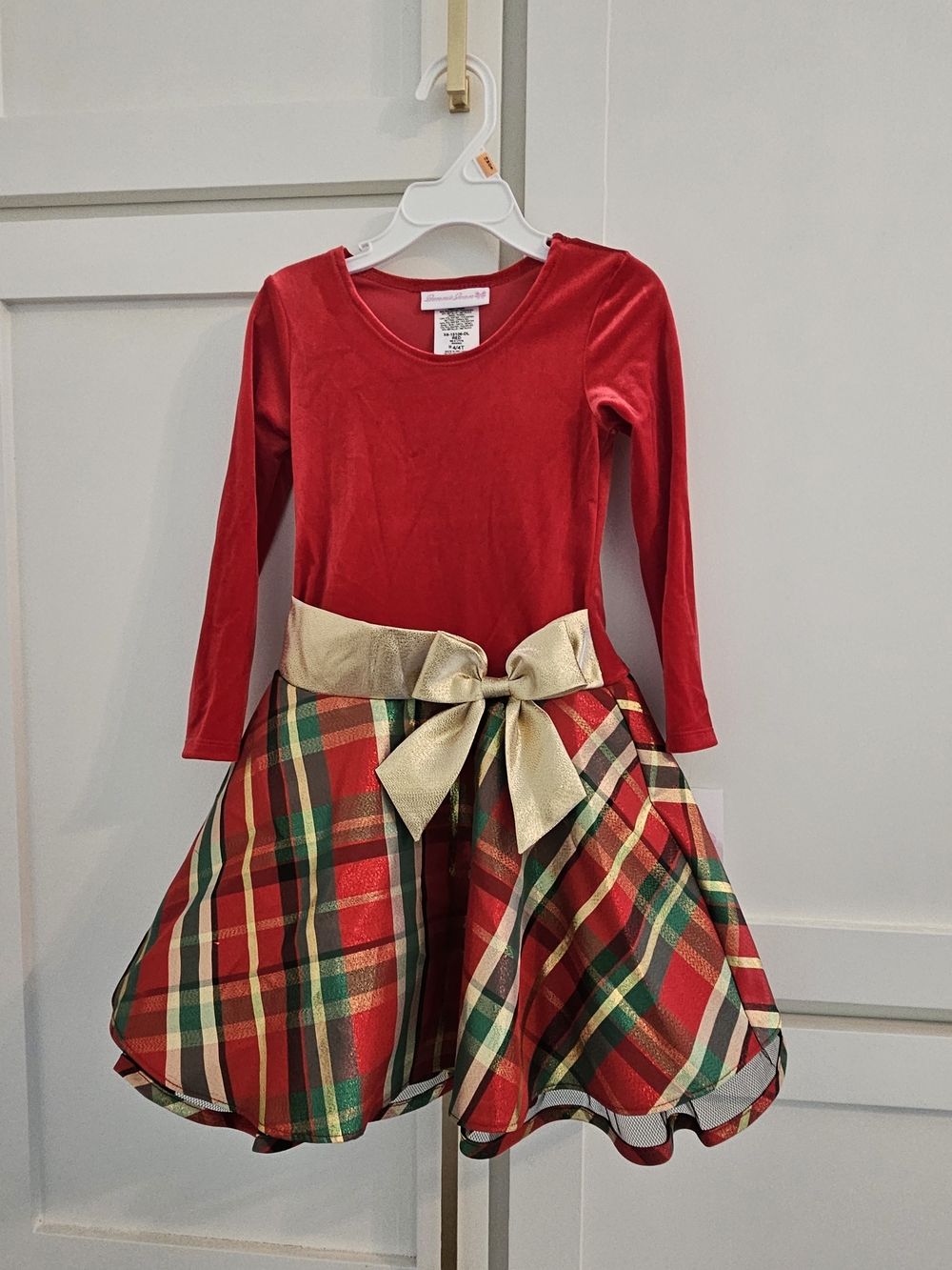 Bonnie Jean Red Velvet Top Plaid Skirt Dress with Gold Bow
